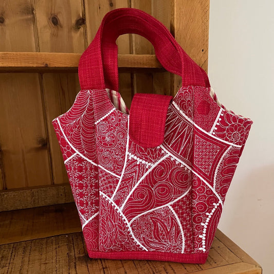 Handmade Red tote style handbag with  intricate white embroidery