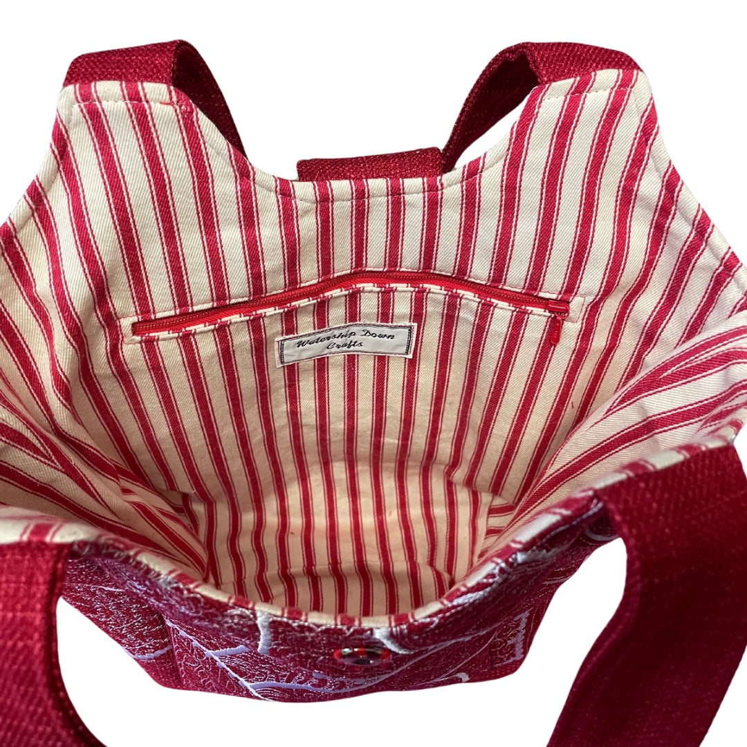 Handmade Red tote style handbag with  intricate white embroidery with red stripe lining and zip pocket