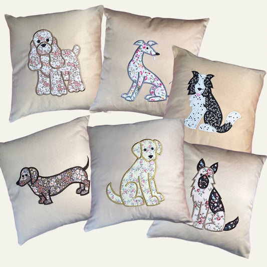 Selection of handmade cushions with various dog breeds appliqued 