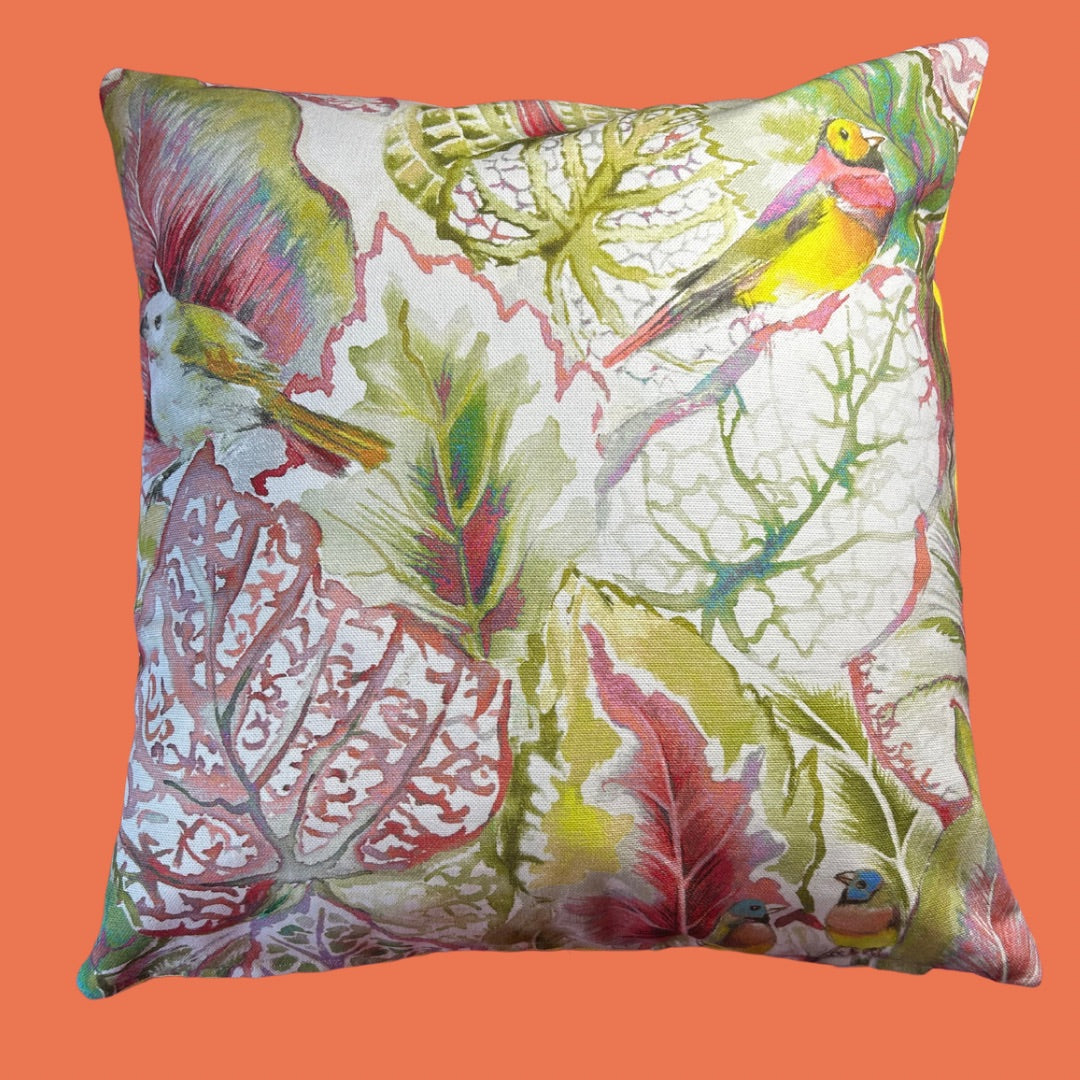 Vibrant Tropical Bird Print Cushions - 16" Handmade Square Decorative Pillows with Colourful Canvas Back