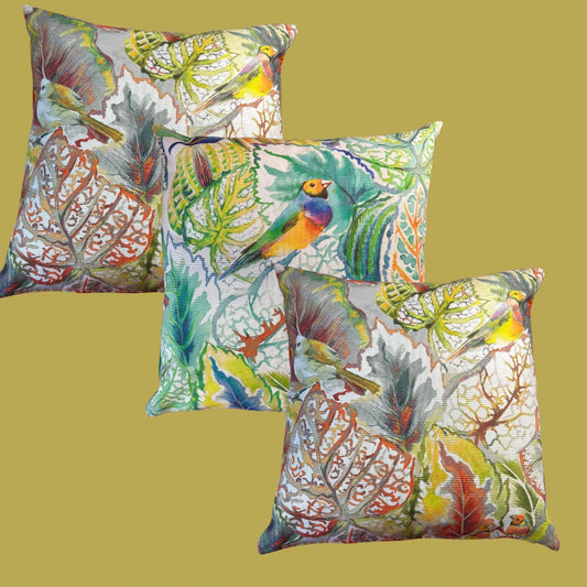 Vibrant Tropical Bird Print Cushions - 16" Handmade Square Decorative Pillows with Colourful Canvas Back