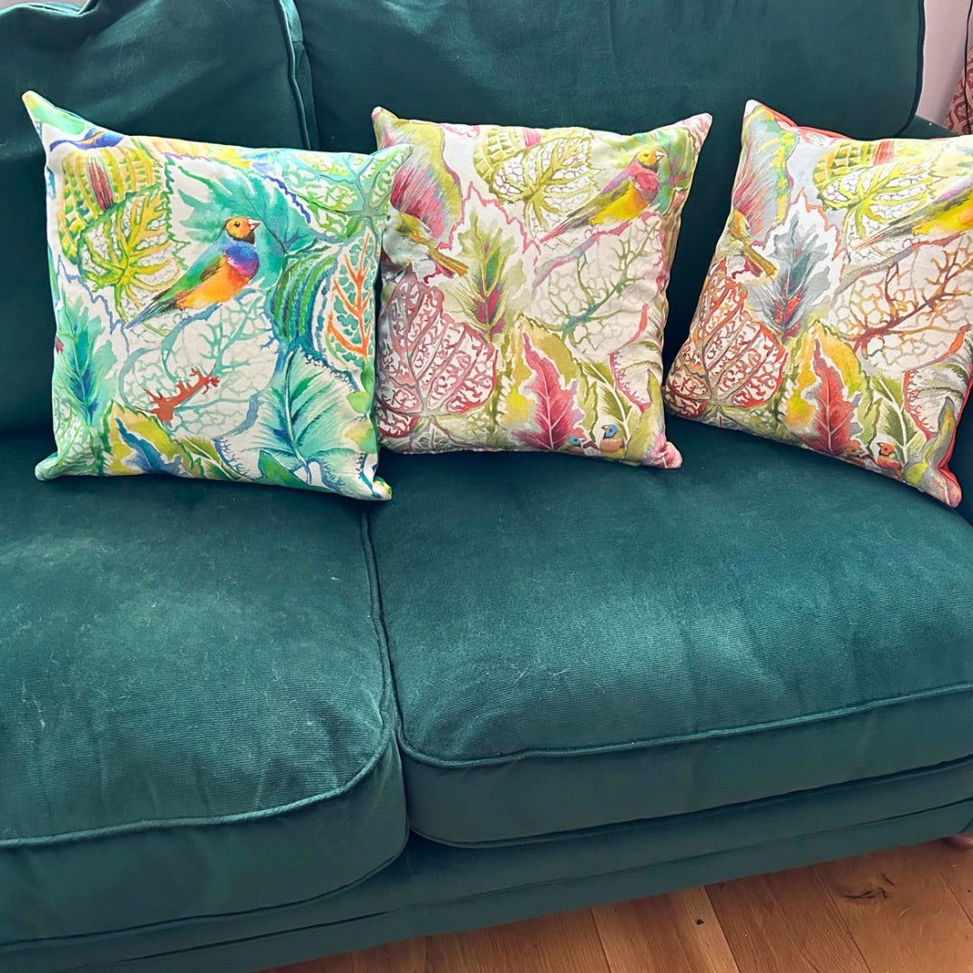 Vibrant Tropical Bird Print Cushions - 16" Handmade Square Decorative Pillows with Colourful Canvas Back