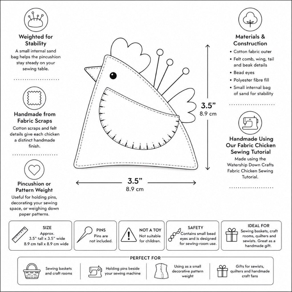 Fabric Chicken Pincushion Pattern Weight (Multiple Designs)
