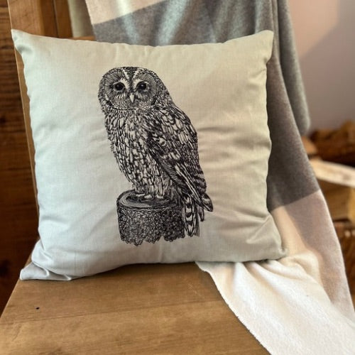 Eco-Friendly Owl Cushion Cover | 18-Inch Handmade Embroidered Beige Décor