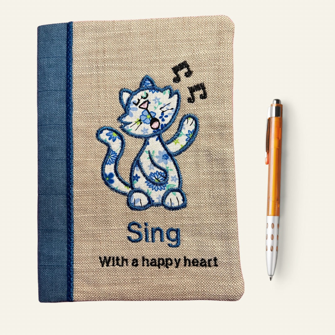 Eco-Chic A5 Handmade Notebook Cover with Cheerful Cat Design