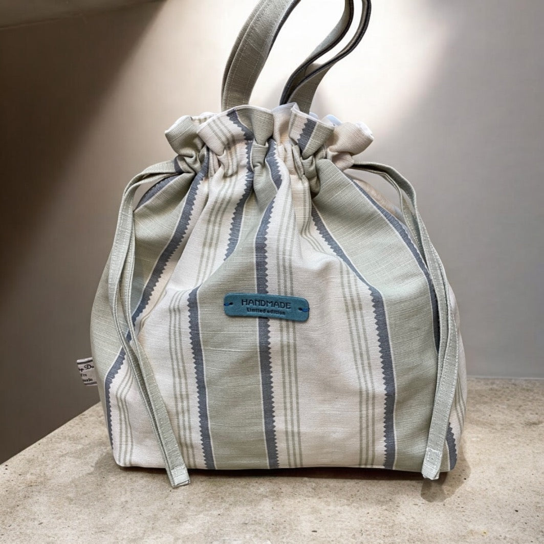 Handmade Drawstring Tote Bag - Grey Stripes