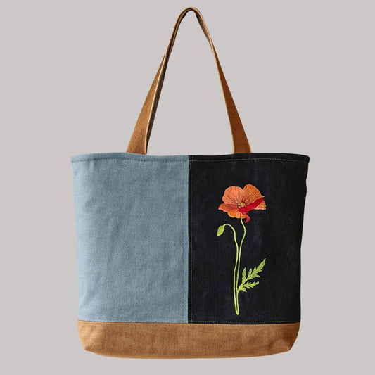 Handmade Tote Bag – Two Tone Design with Embroidered Poppy and Zip Pocket
