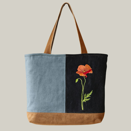 Handmade Tote Bag – Two Tone Design with Embroidered Poppy and Zip Pocket