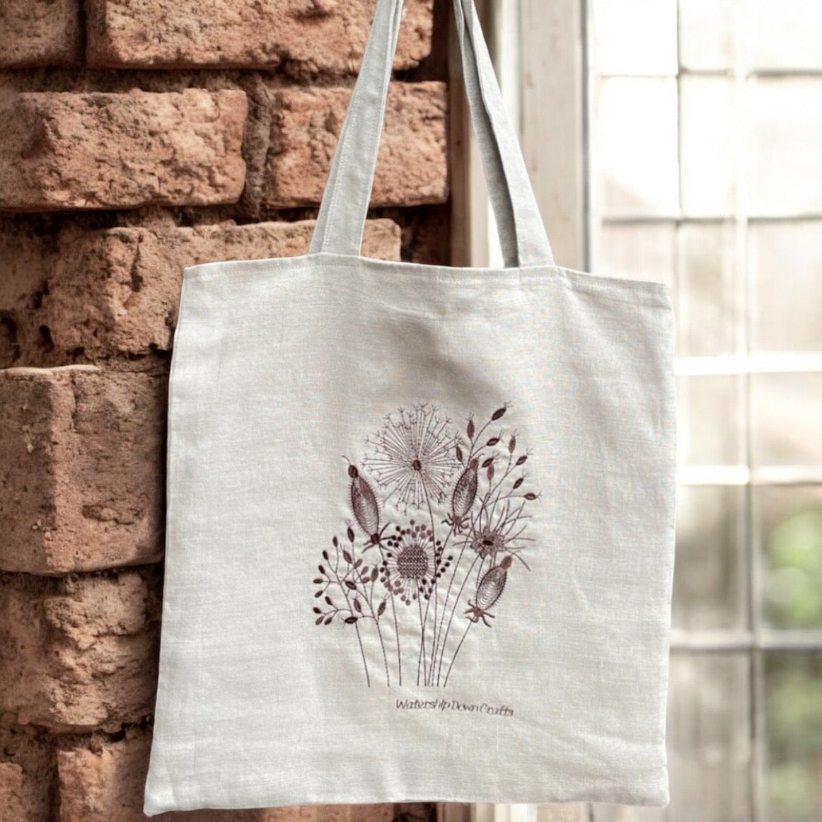 Handmade Embroidered Wild Flowers Linen Tote Bag