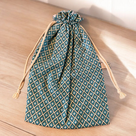 Turquoise Geometric Print Handmade lined drawstring bags