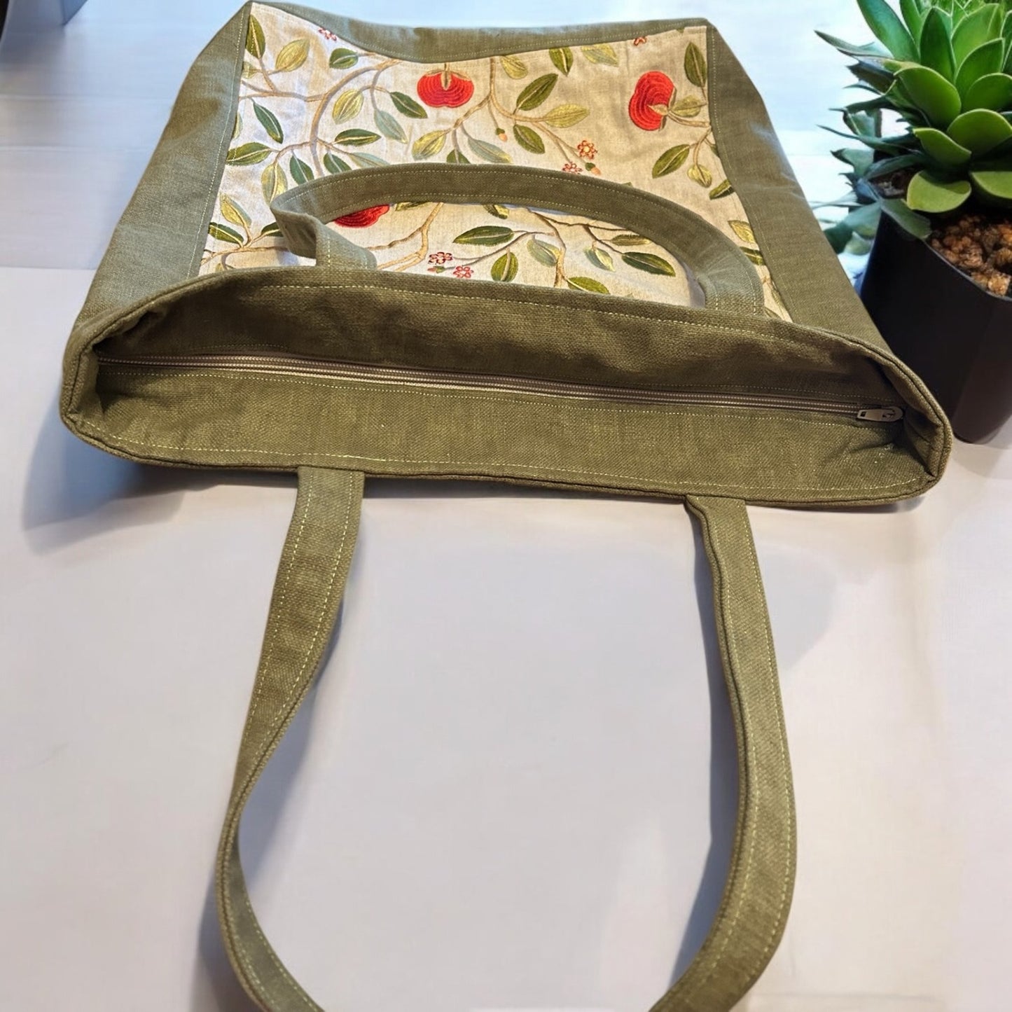 One-of-a-Kind Embroidered Tote Bag with Zip Closure & Pockets.