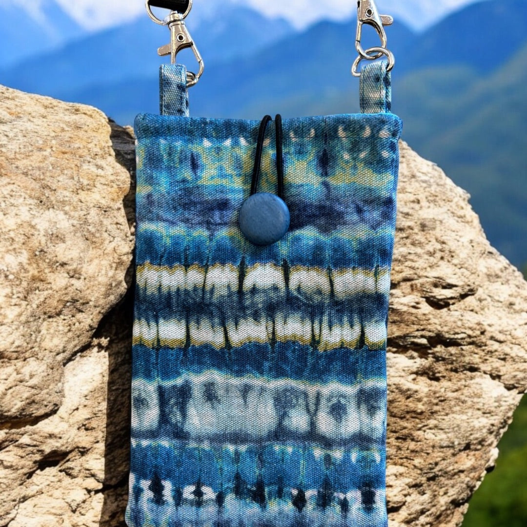 Handmade Small Crossbody Phone Bag - Blue Tie-Dye Fabric, One-of-a-Kind