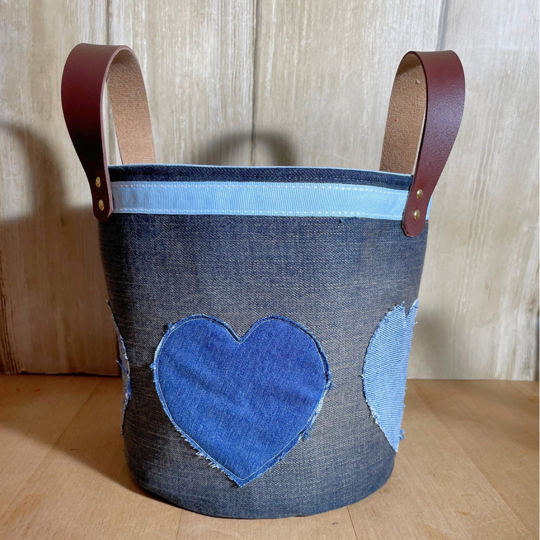 Denim Fabric Basket with appliqued hearts