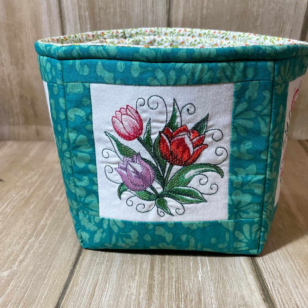 Embroidered Fabric Basket Tulips