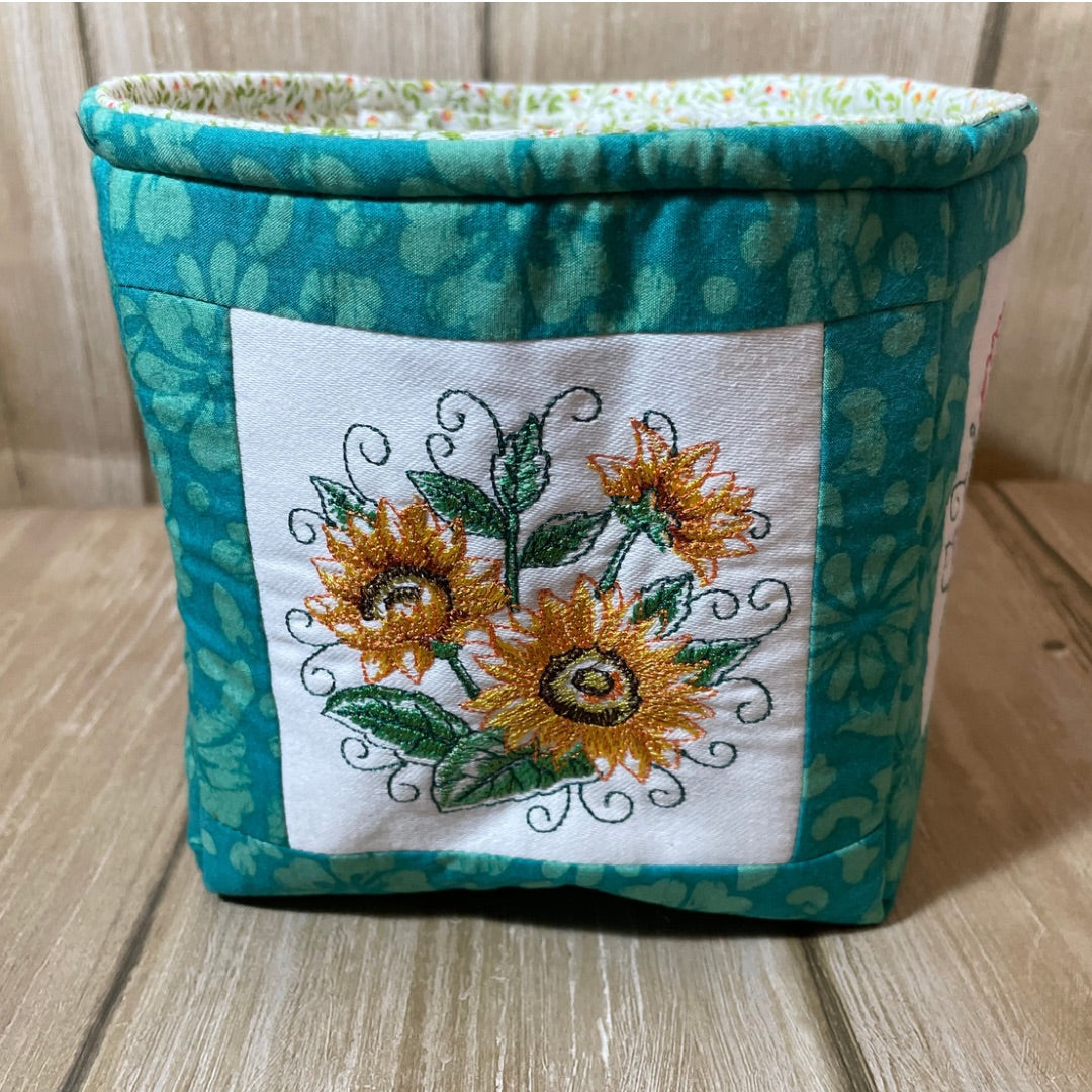 Embroidered Fabric Basket sunflowers