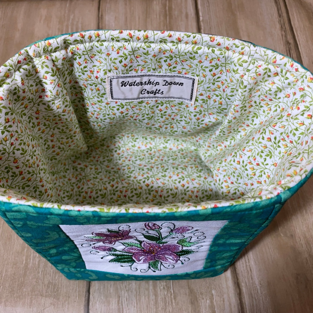 Embroidered Fabric Basket green floral interior