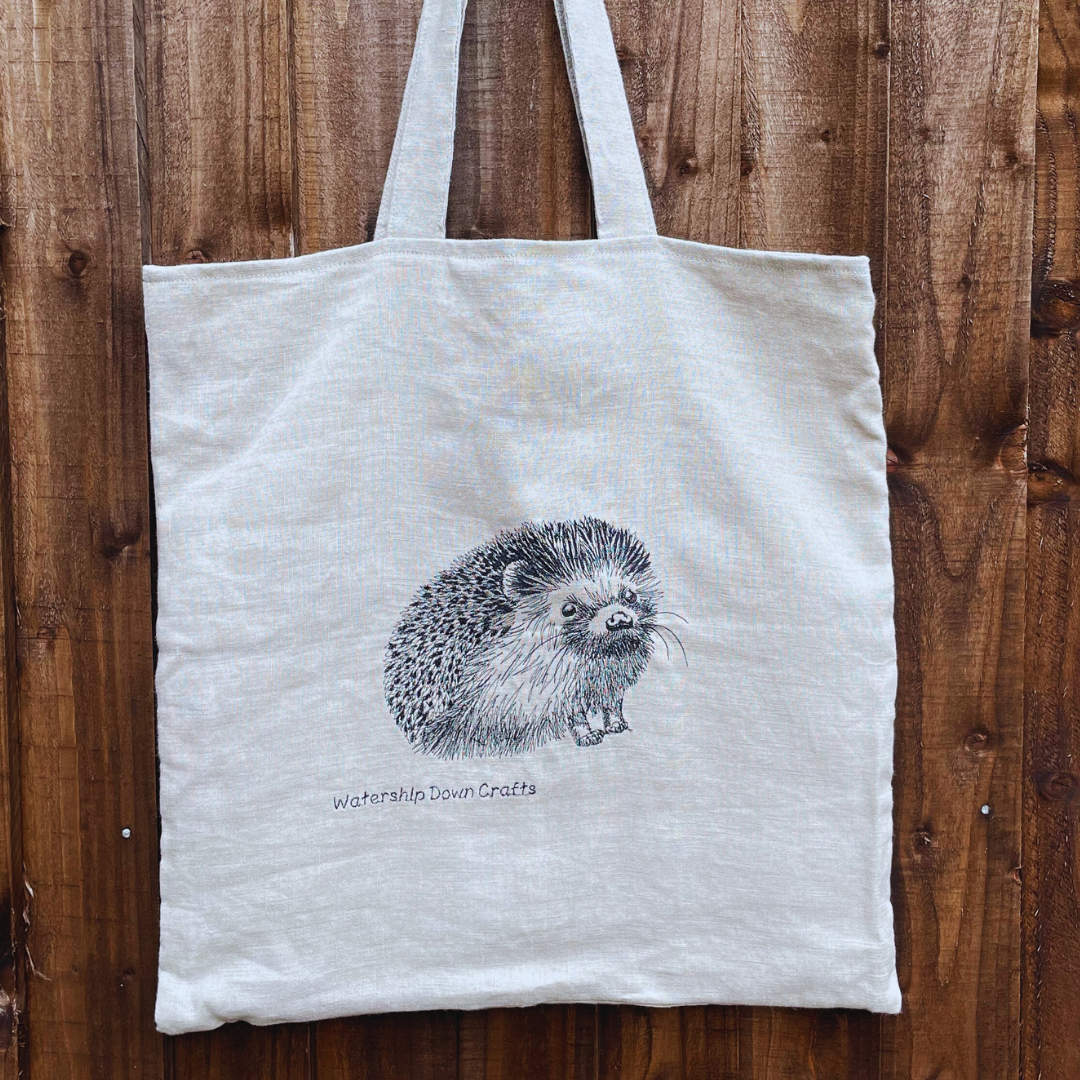 Hedgehog embroidered Tote Bag Handmade Linen