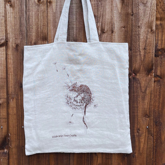 Embroidered mouse on handmade  linen tote bag