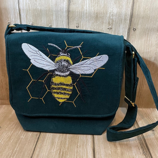 Green Corduroy Messenger Bag with Bee on Honeycomb embroidery Front View