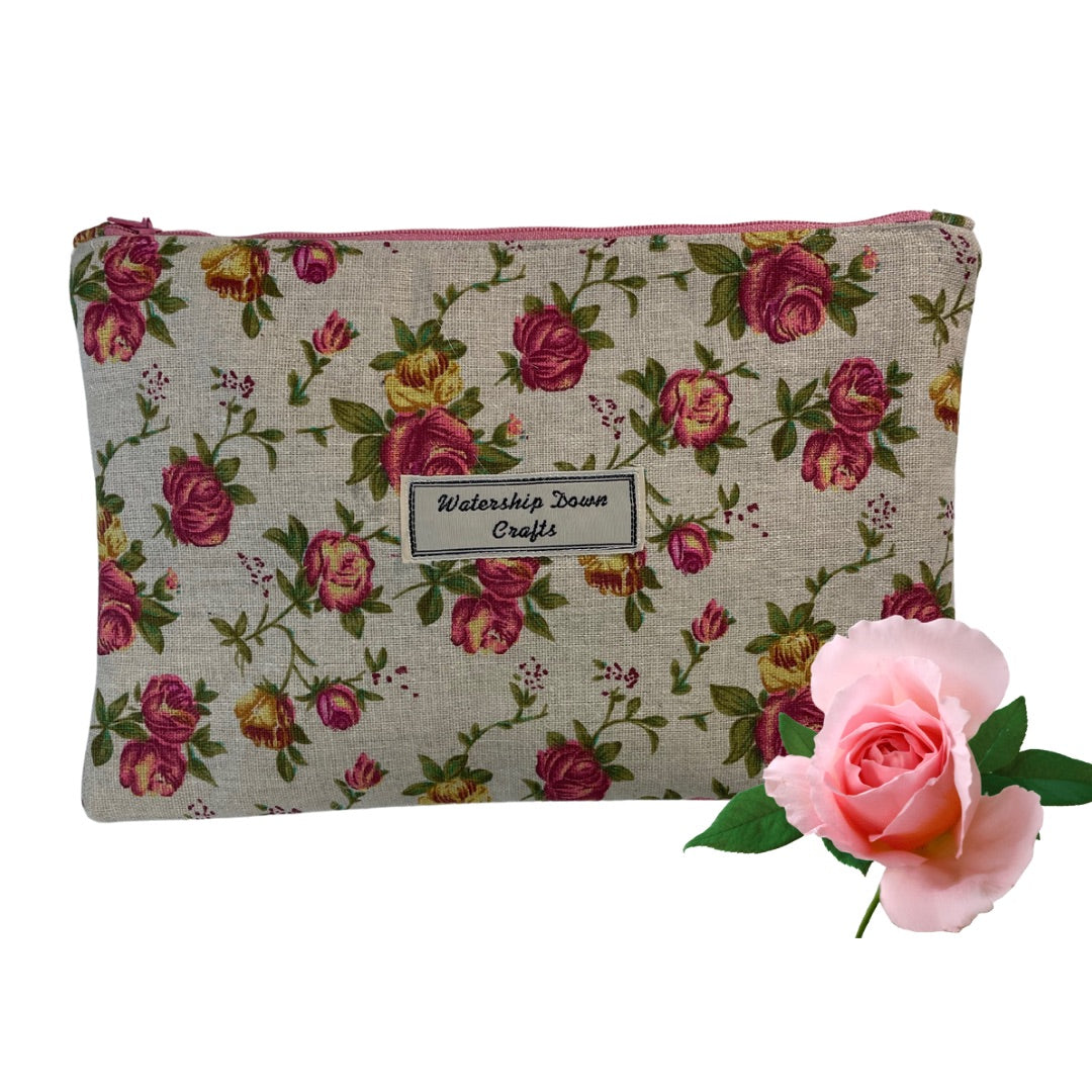 Handmade Large Rose Print Zipper Pouch 