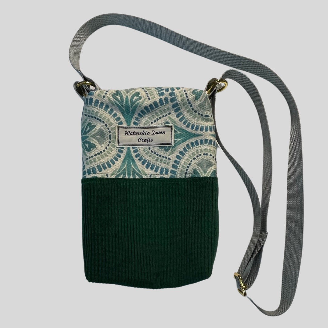 Small Handmade Crossbody Bag Green corduroy And Turquoise Print canvas