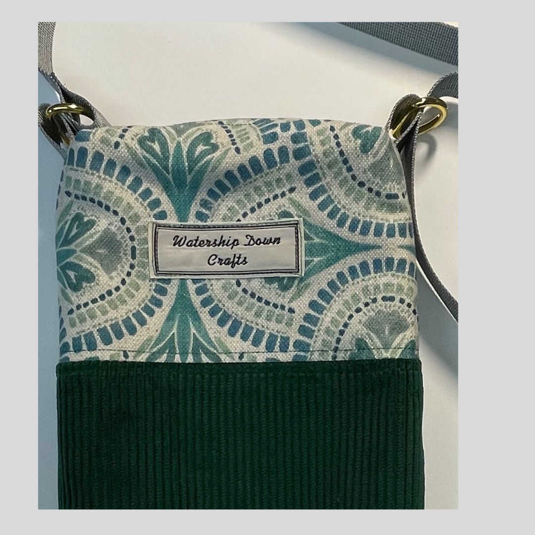 Small Handmade Crossbody Bag Green corduroy And Turquoise Print Canvas Detail