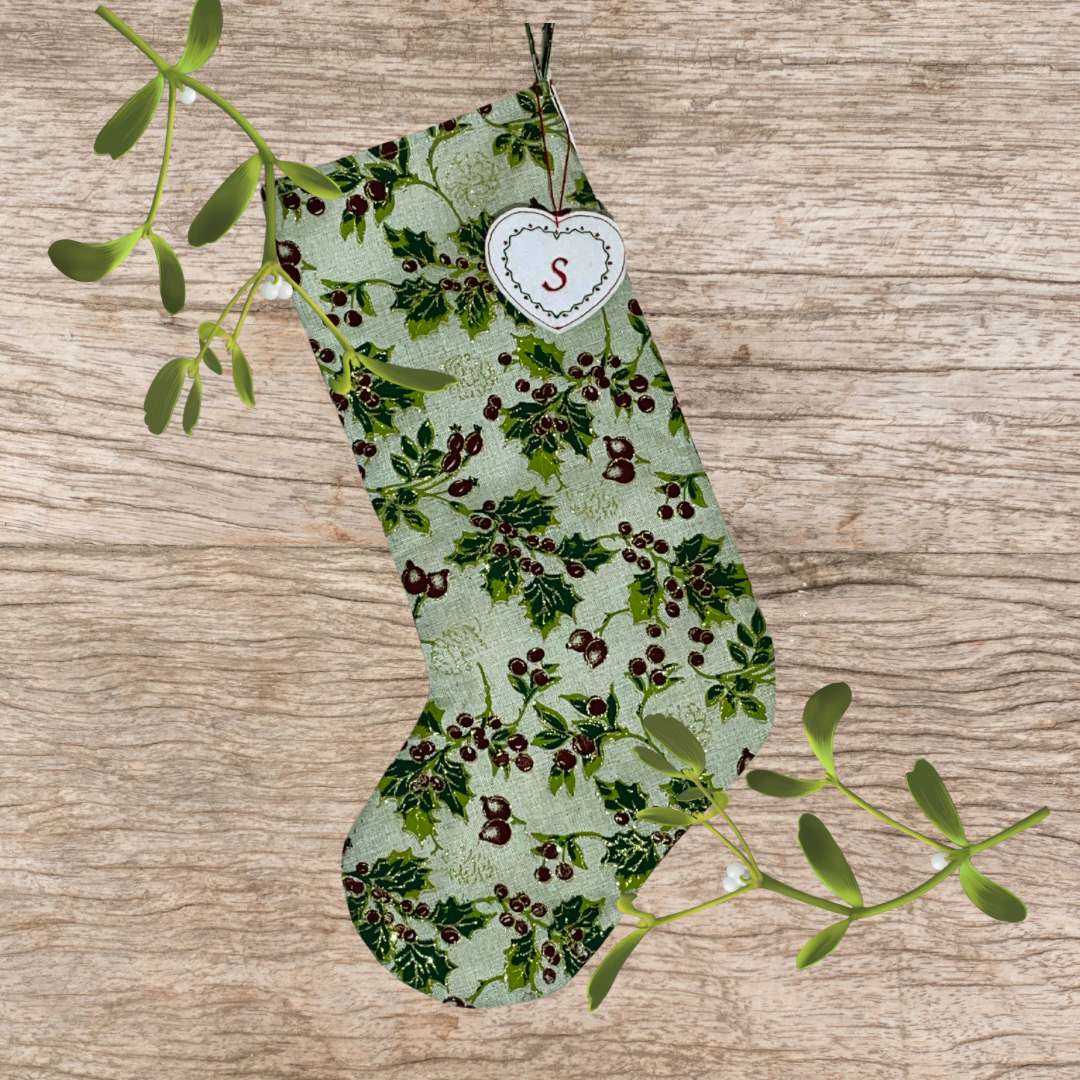 Handmade sparkly holly print Christmas stocking