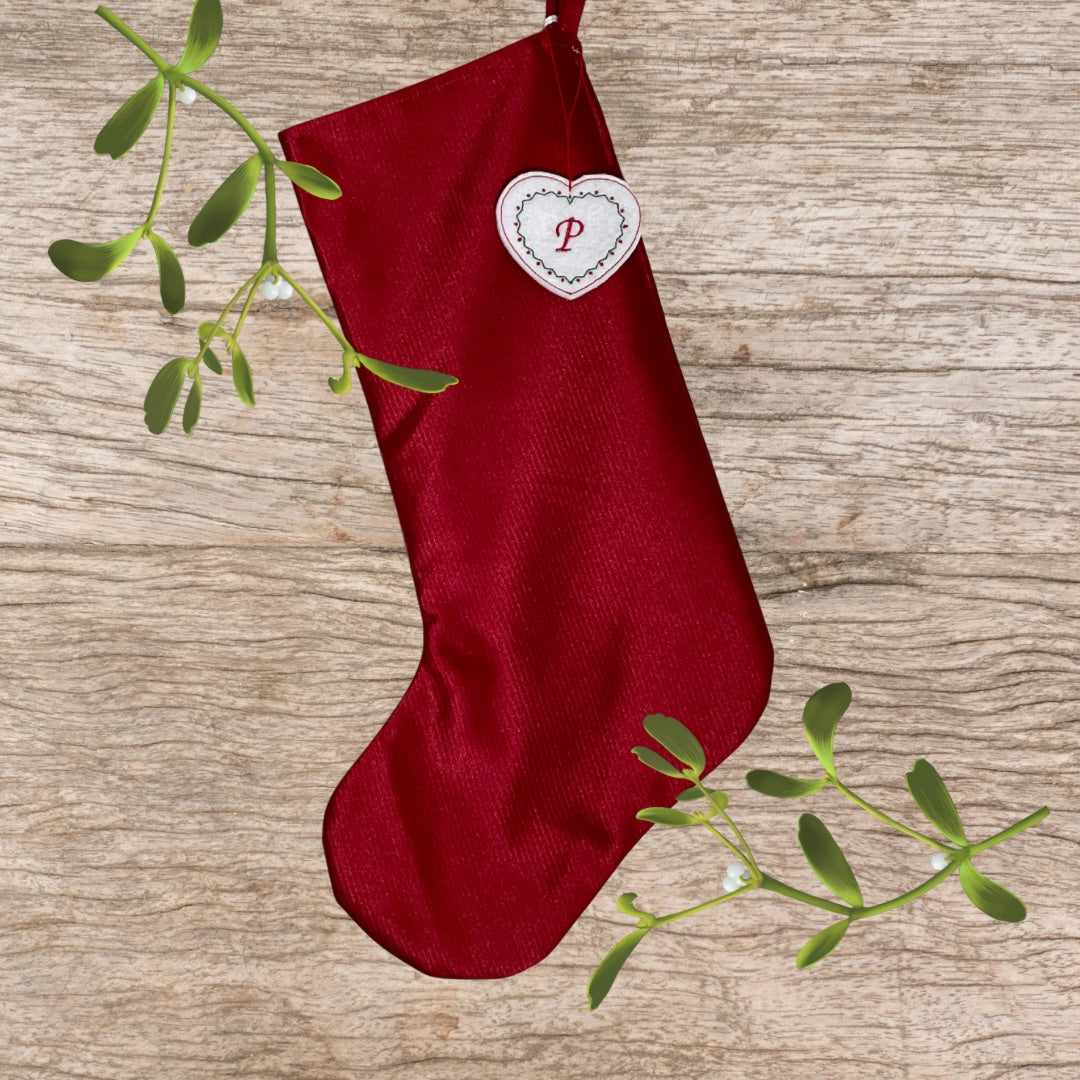 Handmade red satin Christmas stocking