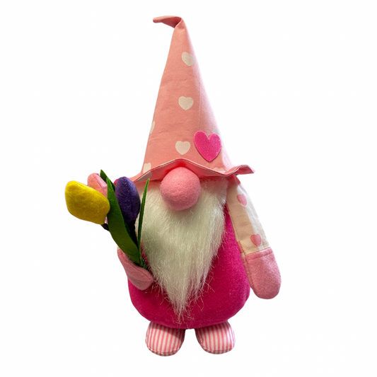 Handmade pink gnome holding a bunch of felt tulips