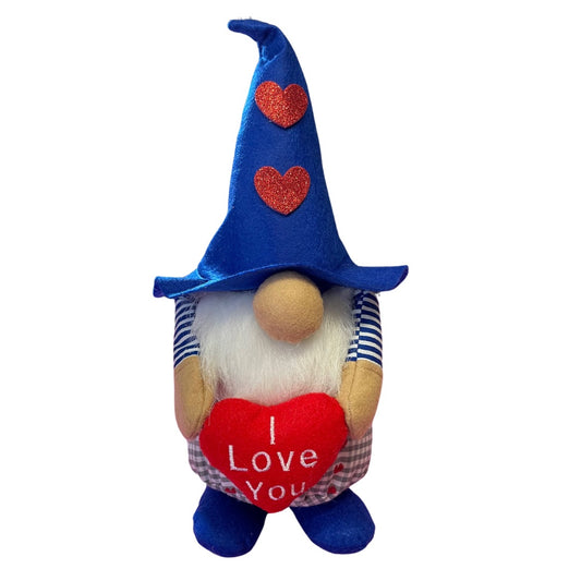 Handmade Blue fabric gnome holding a red felt heart with the words I love You