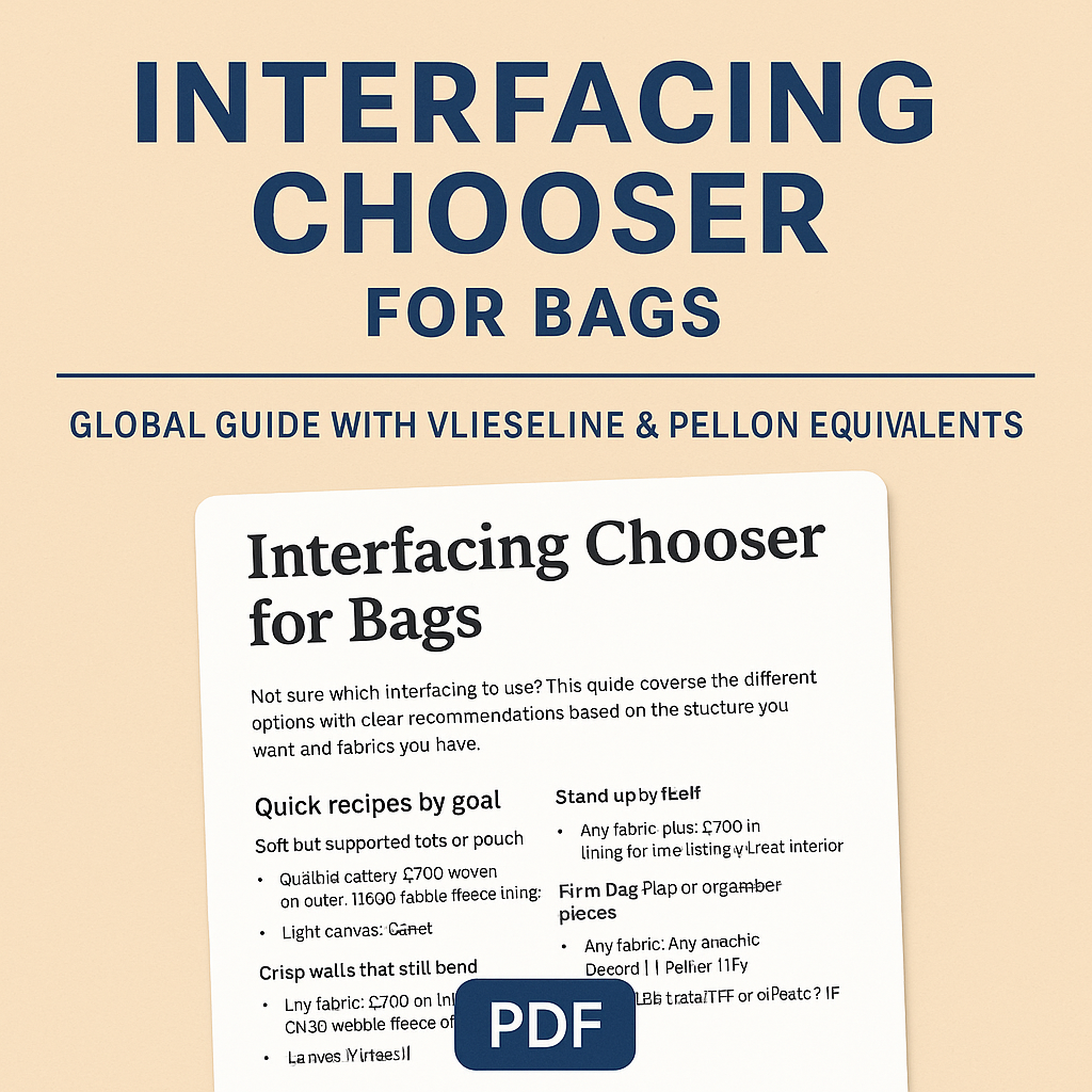 Cover of 'Interfacing Chooser for Bags' guide with text and a PDF logo on a beige background