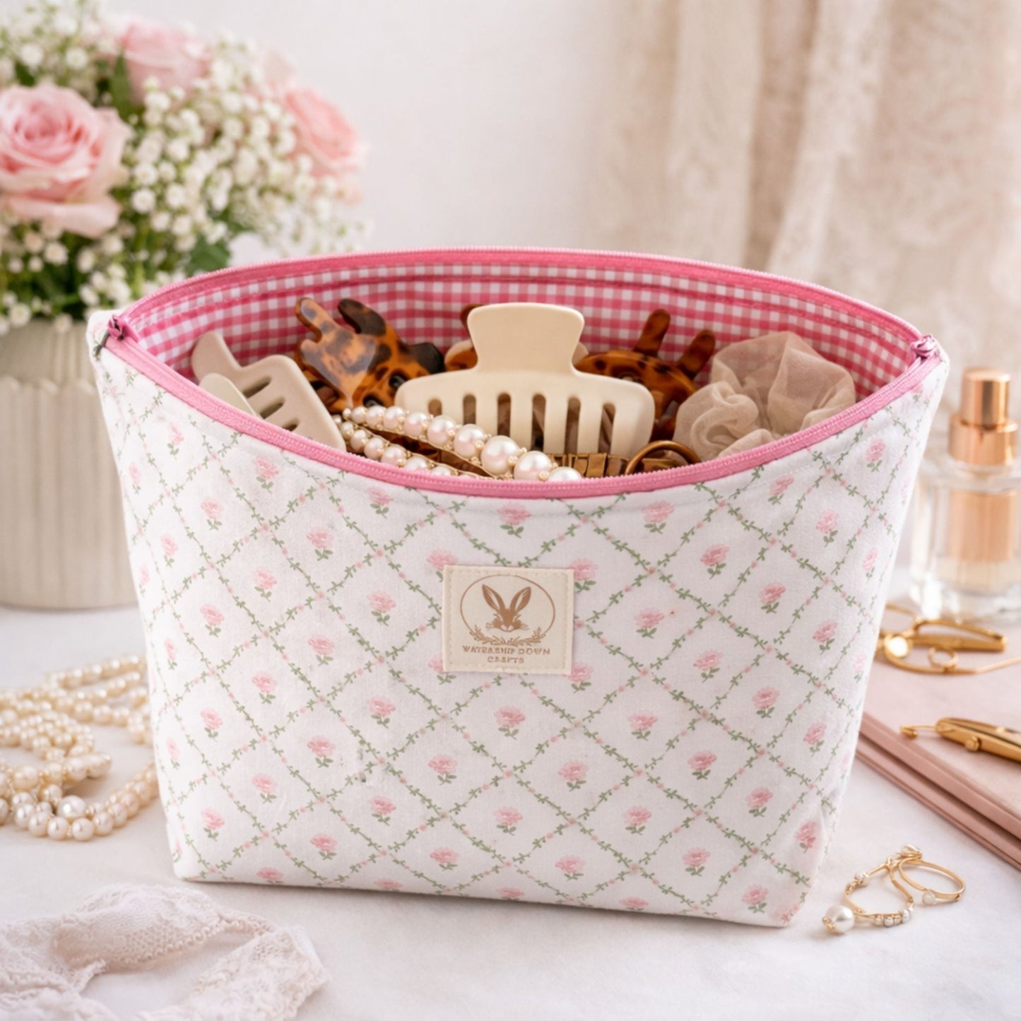 Pink Rose Cotton Pouch