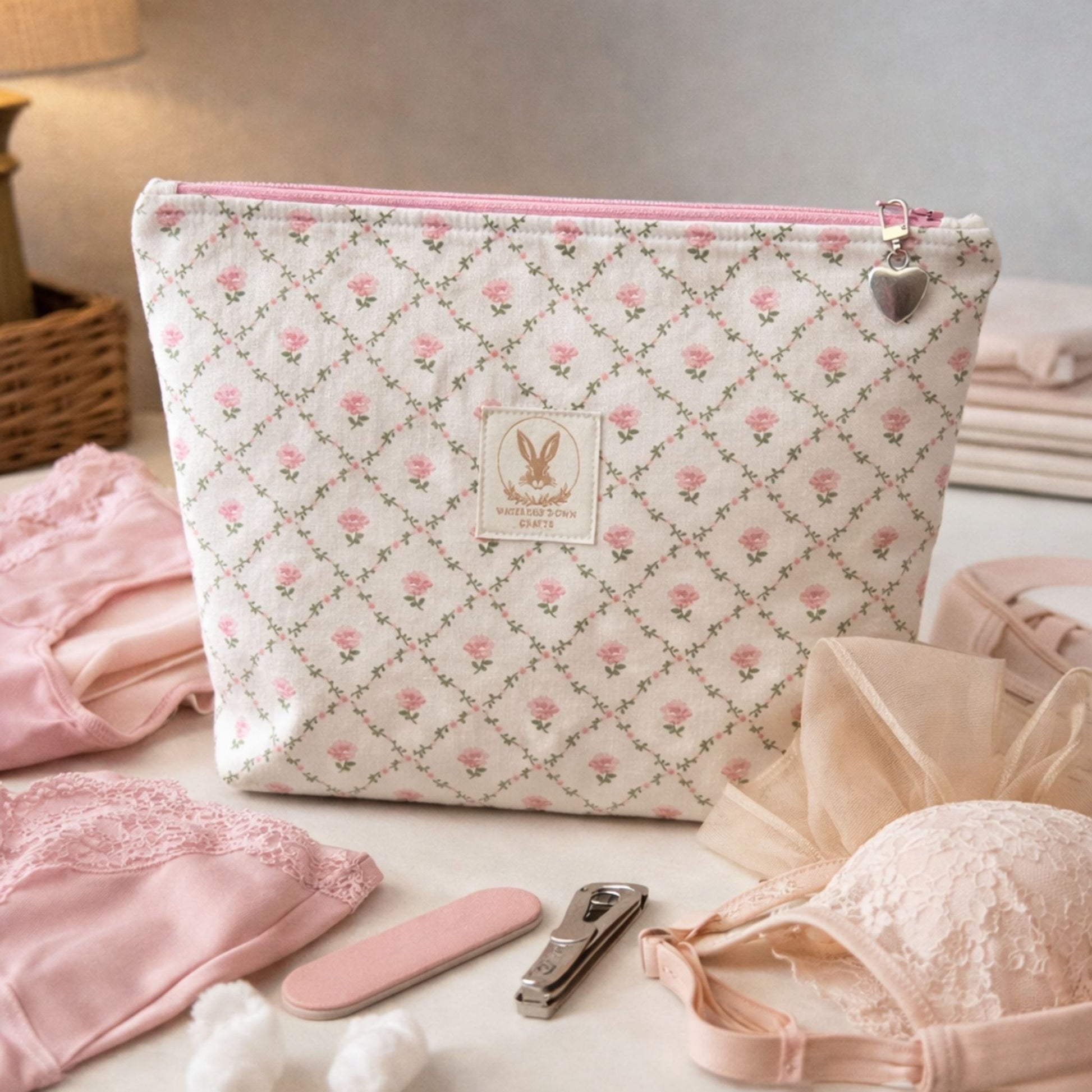 Floral patterned pouch with a heart-shaped tag on a bed with pink items.