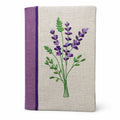 Notebook with embroidered lavender design on a white background