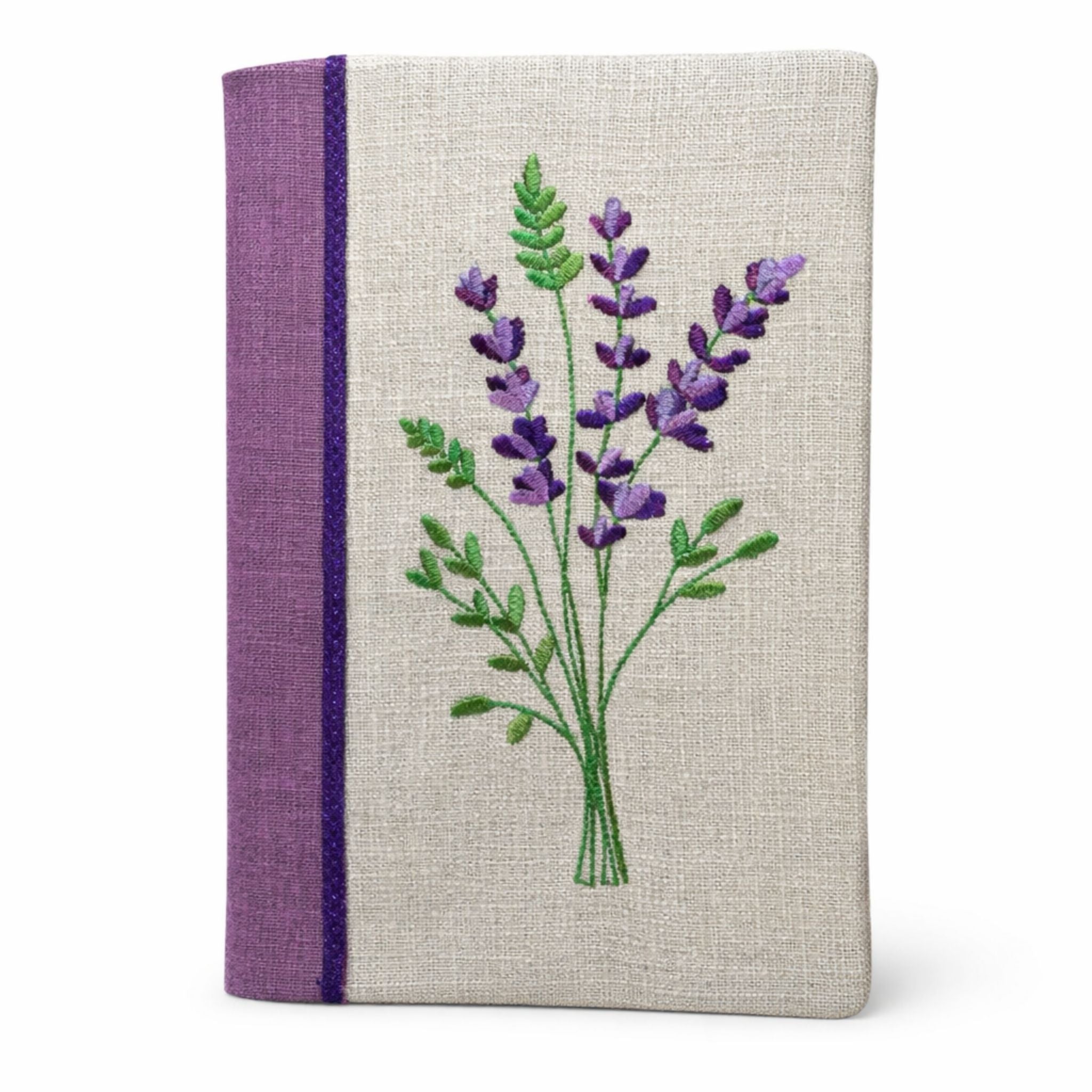 Notebook with embroidered lavender design on a white background