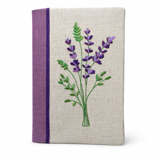 Handmade Lavender Embroidered A5 Notebook Cover with Hardback Ruled Insert