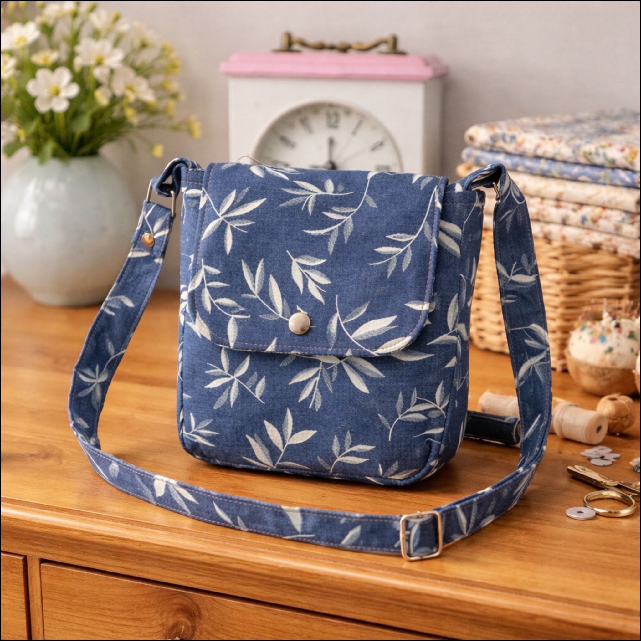 Leaf Print Denim Crossbody Bag