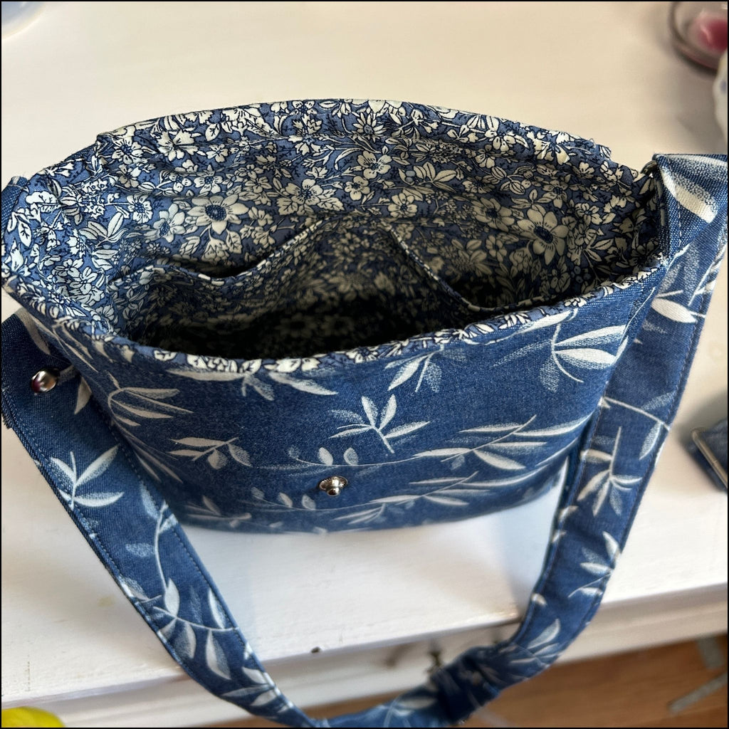 Leaf Print Denim Crossbody Bag