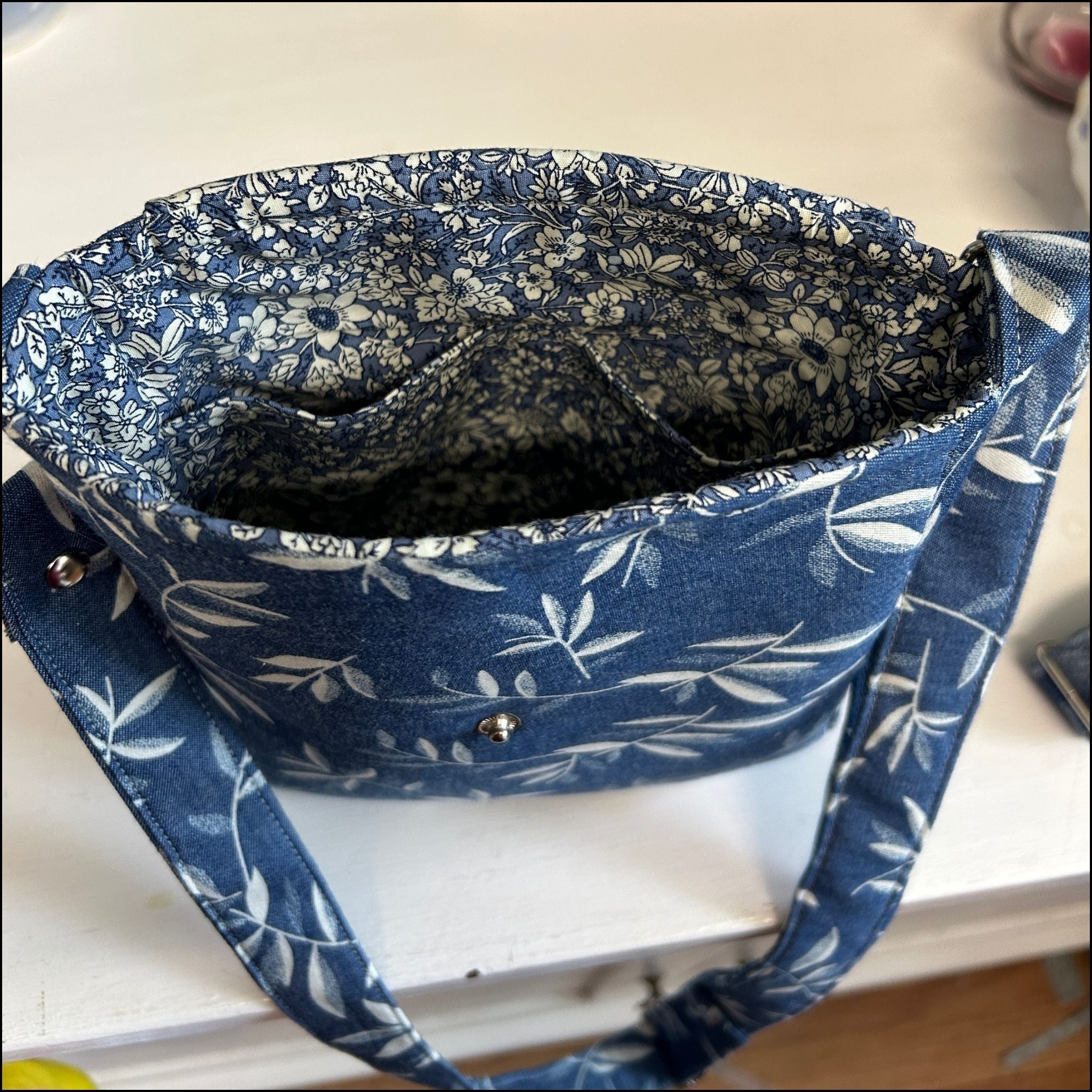 Leaf Print Denim Crossbody Bag