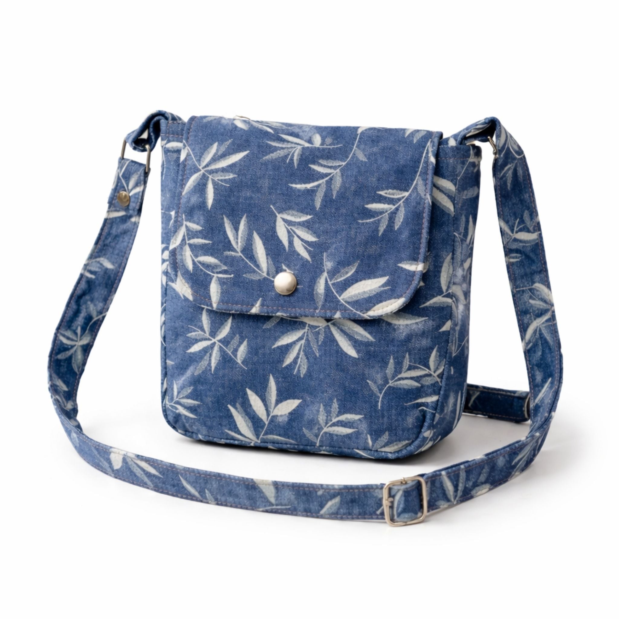 Leaf Print Denim Crossbody Bag
