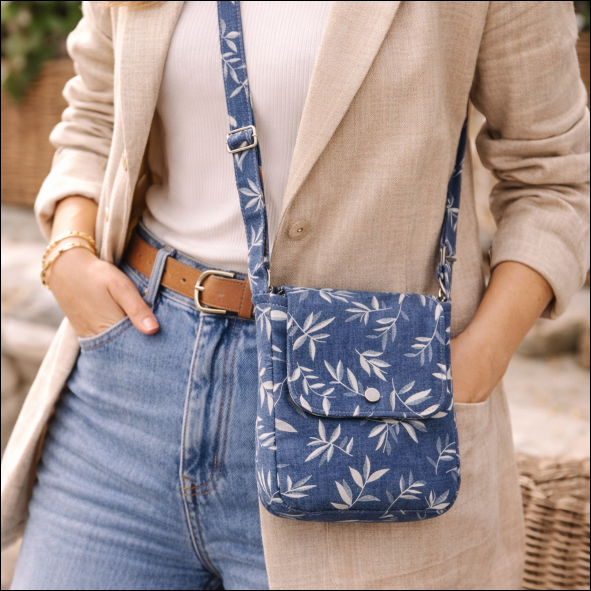Leaf Print Denim Crossbody Bag