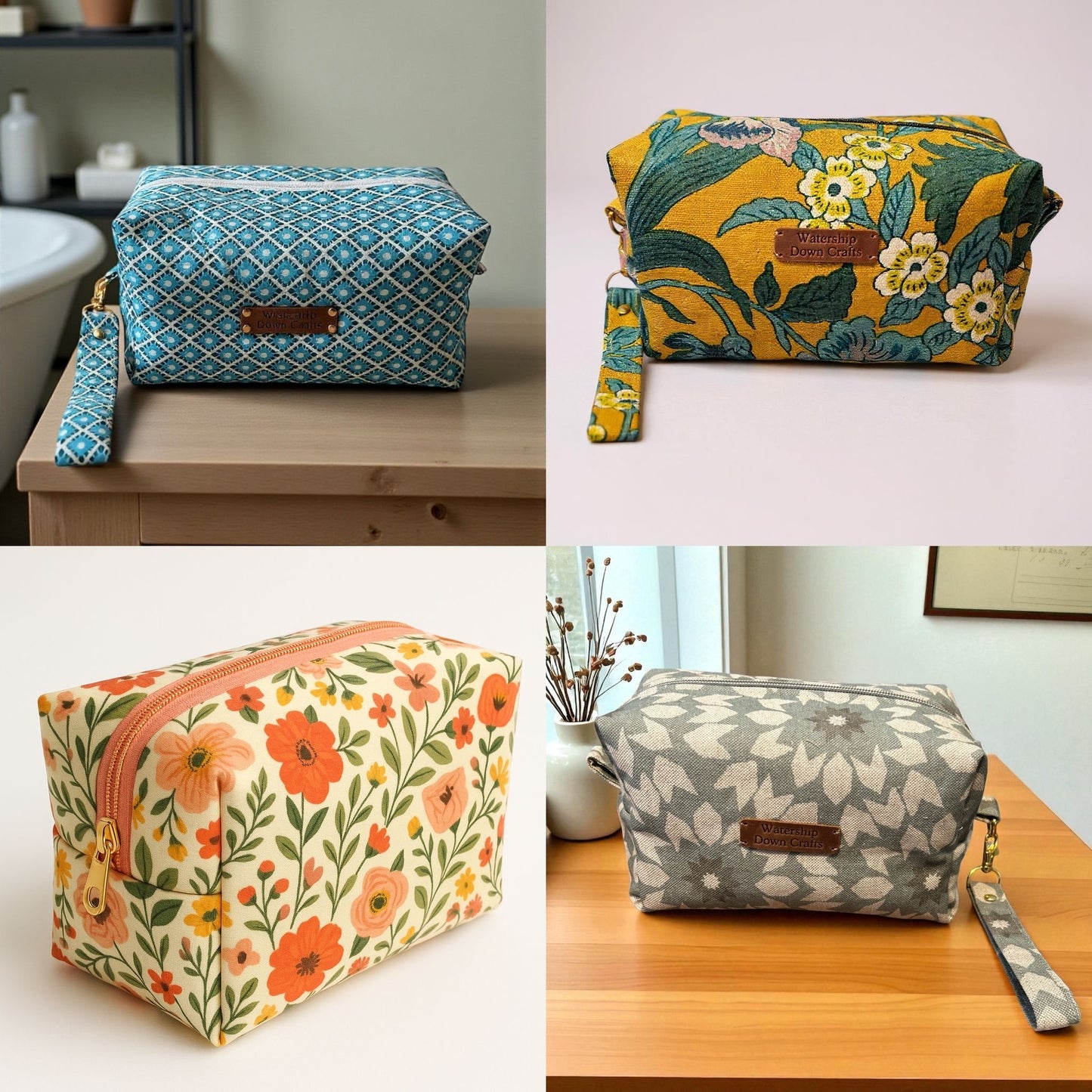 Four cosmetic bags with different patterns and colors on a neutral background