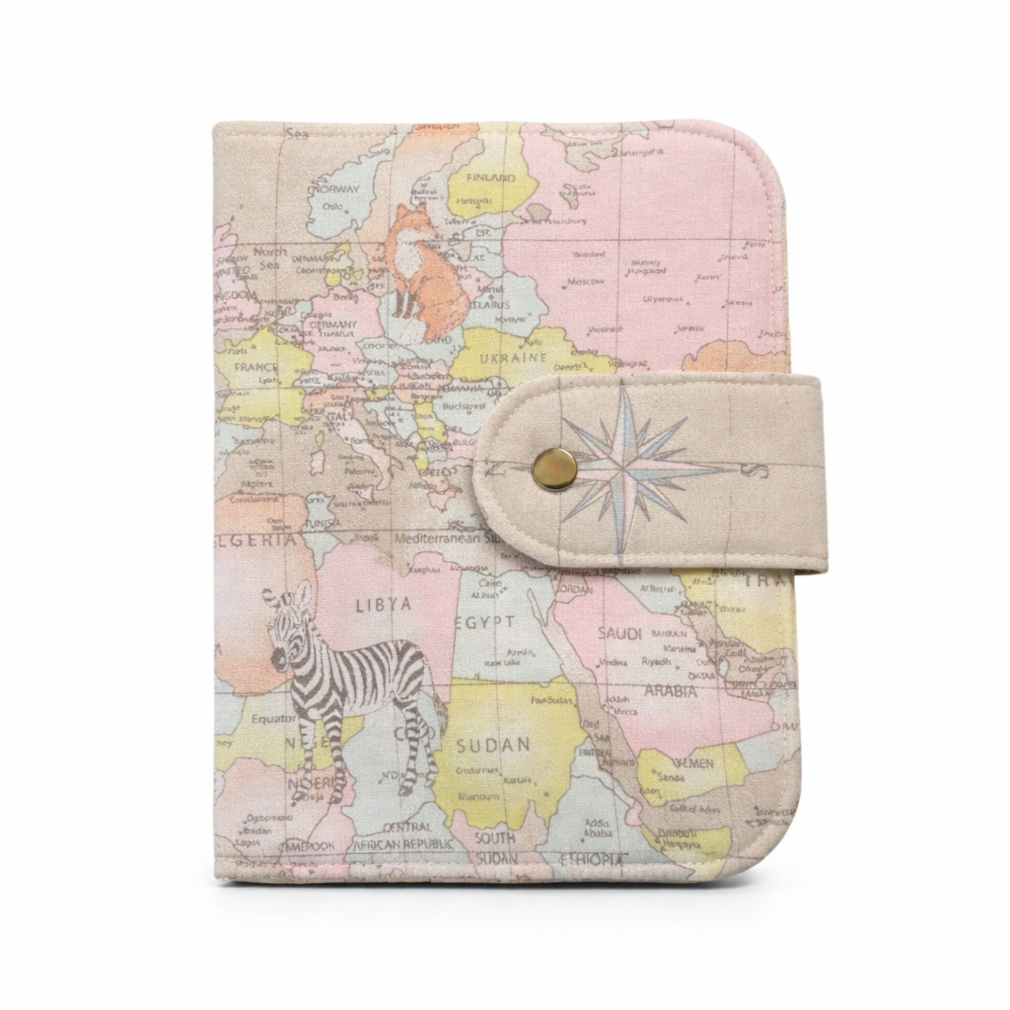 Travel Wallet with world map design and zebra illustration on a white background