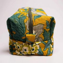 One-of-a-Kind Mustard Floral Cotton Cosmetic & Travel Pouch with Wrist Strap