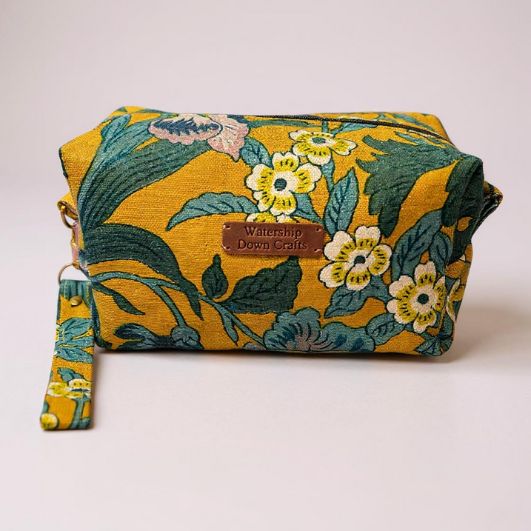 One-of-a-Kind Mustard Floral Cotton Cosmetic & Travel Pouch with Wrist Strap