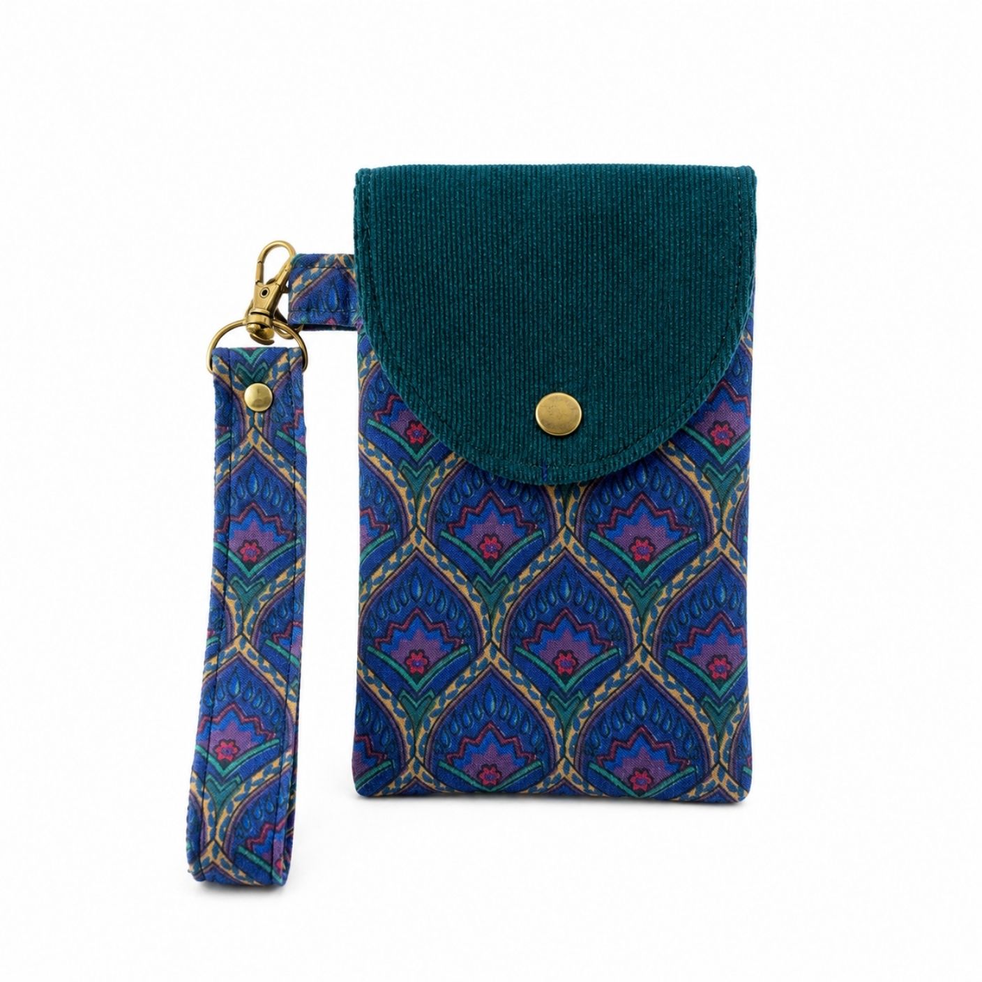 Blue patterned phone pouch with a strap on a white background