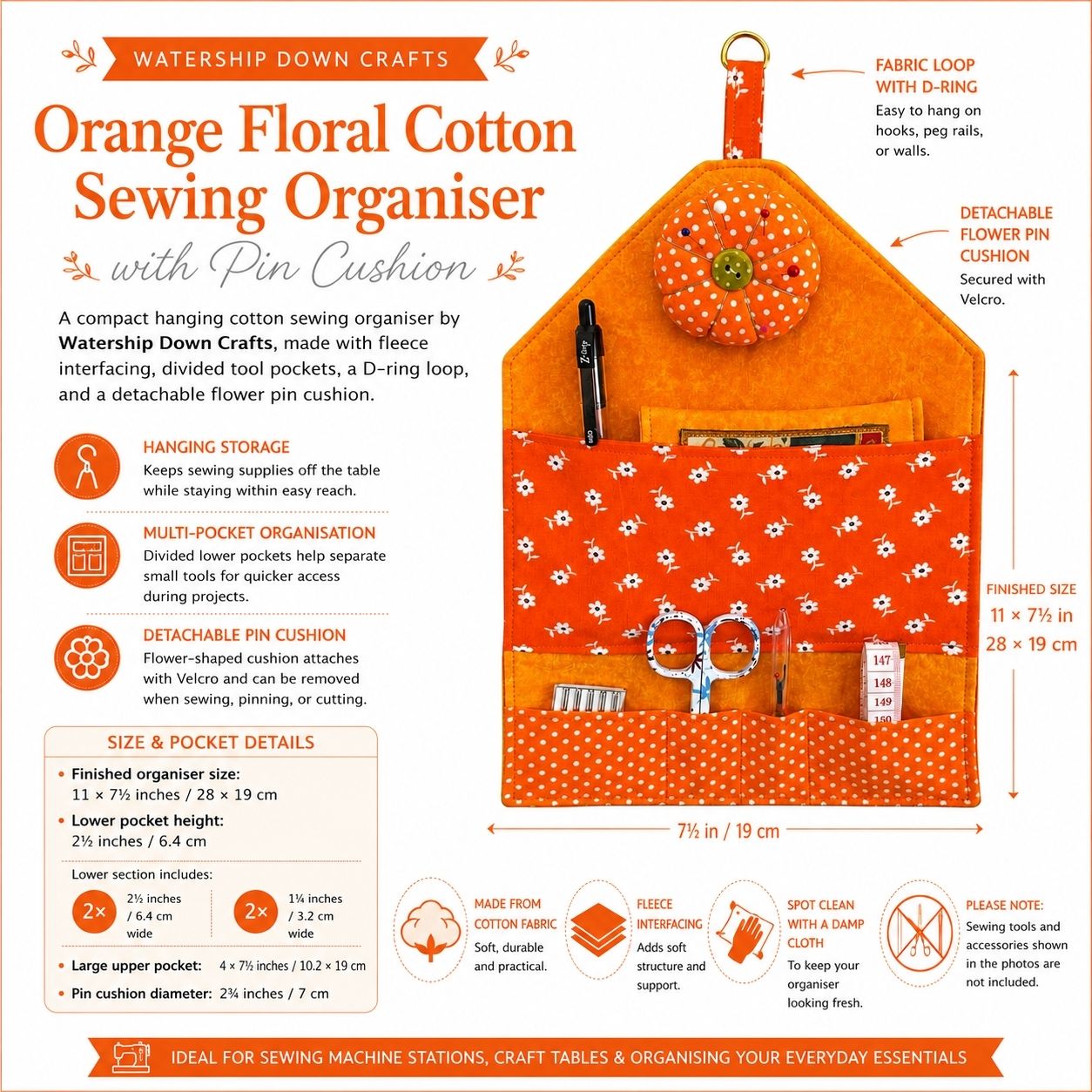 Hanging Sewing Organiser with Detachable Pin Cushion (Multiple Designs)