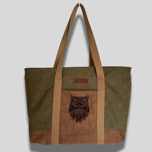 Olive Green & Beige Tote Bag with Owl Embroidery – Zip Top & Shoulder Straps
