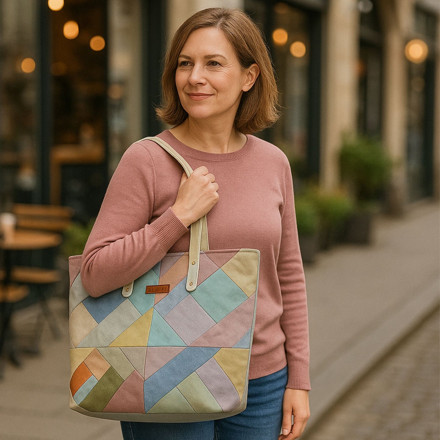 Pastel Patchwork Tote Bag – Large Soft Textured Shoulder Bag with Vegan Leather Handles