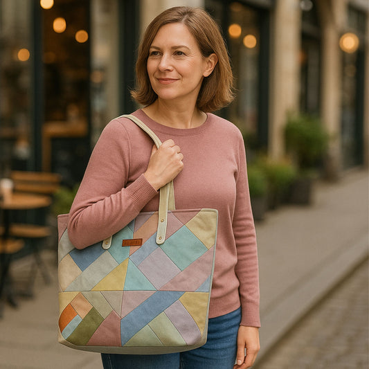 Pastel Patchwork Tote Bag – Large Soft Textured Shoulder Bag with Vegan Leather Handles